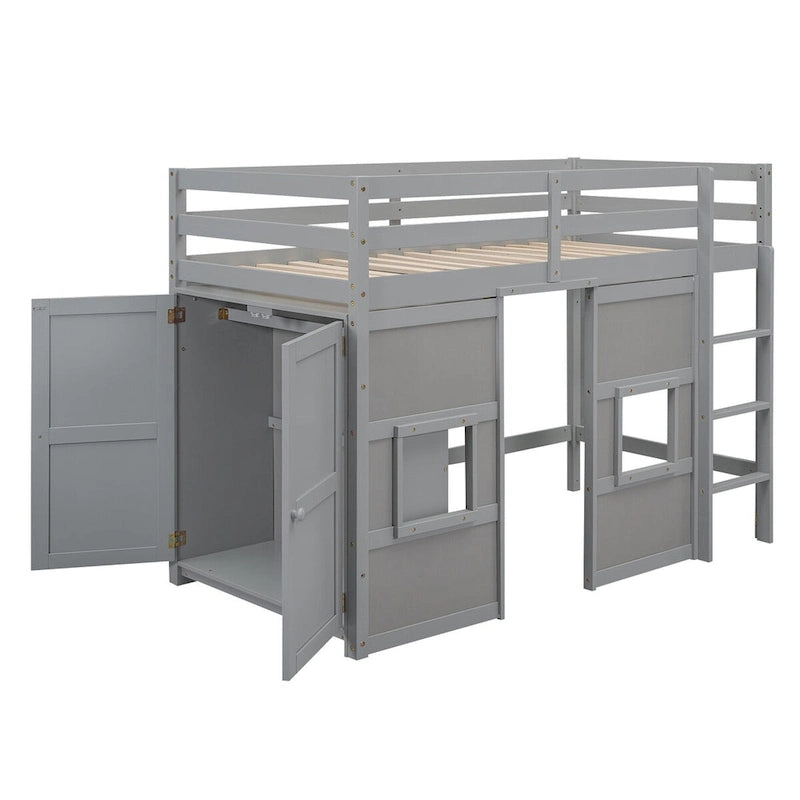 Letto a soppalco in legno singolo con armadio contenitore integrato e 2 finestre, sponde di protezione a tutta lunghezza sul letto superiore