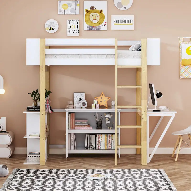Twin Size Wood Loft Bed With Cabinet and Cubes