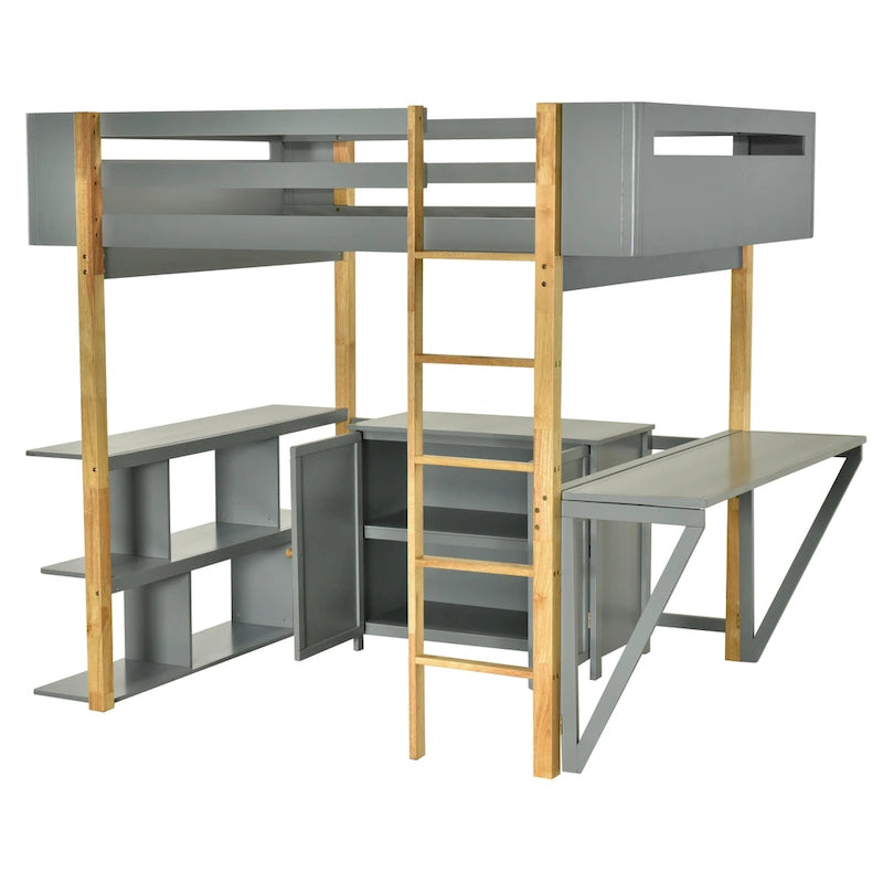 Twin Size Wood Loft Bed With Cabinet and Cubes
