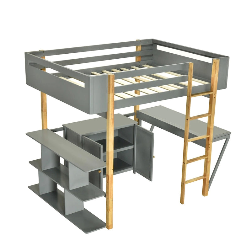 Twin Size Wood Loft Bed With Cabinet and Cubes