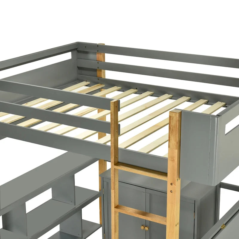 Twin Size Wood Loft Bed With Cabinet and Cubes