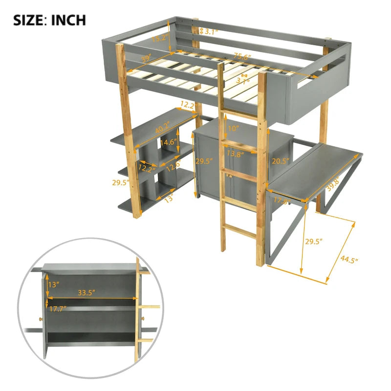 Twin Size Wood Loft Bed With Cabinet and Cubes