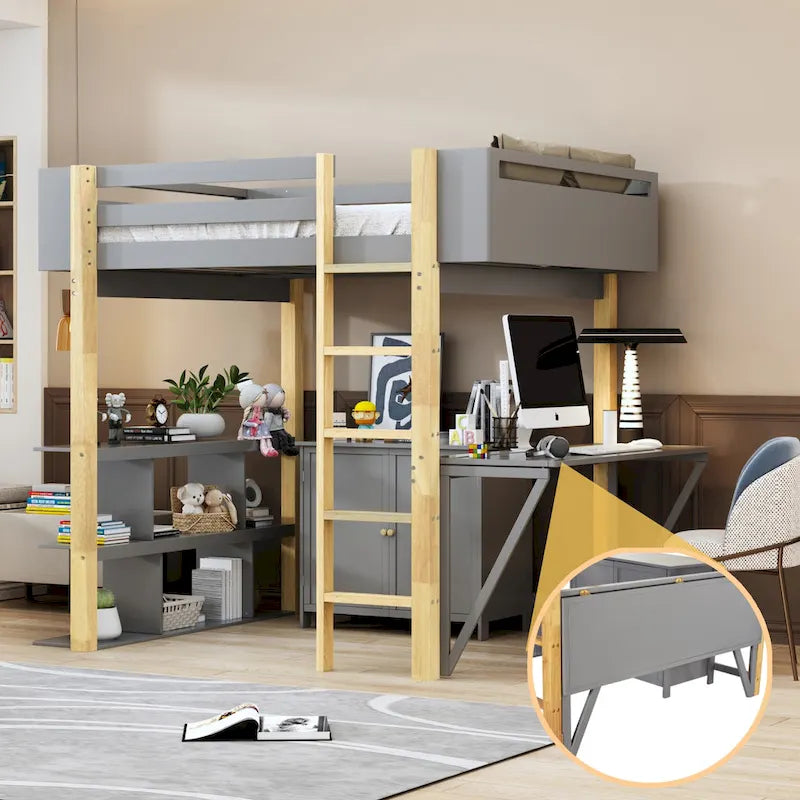 Twin Size Wood Loft Bed With Cabinet and Cubes