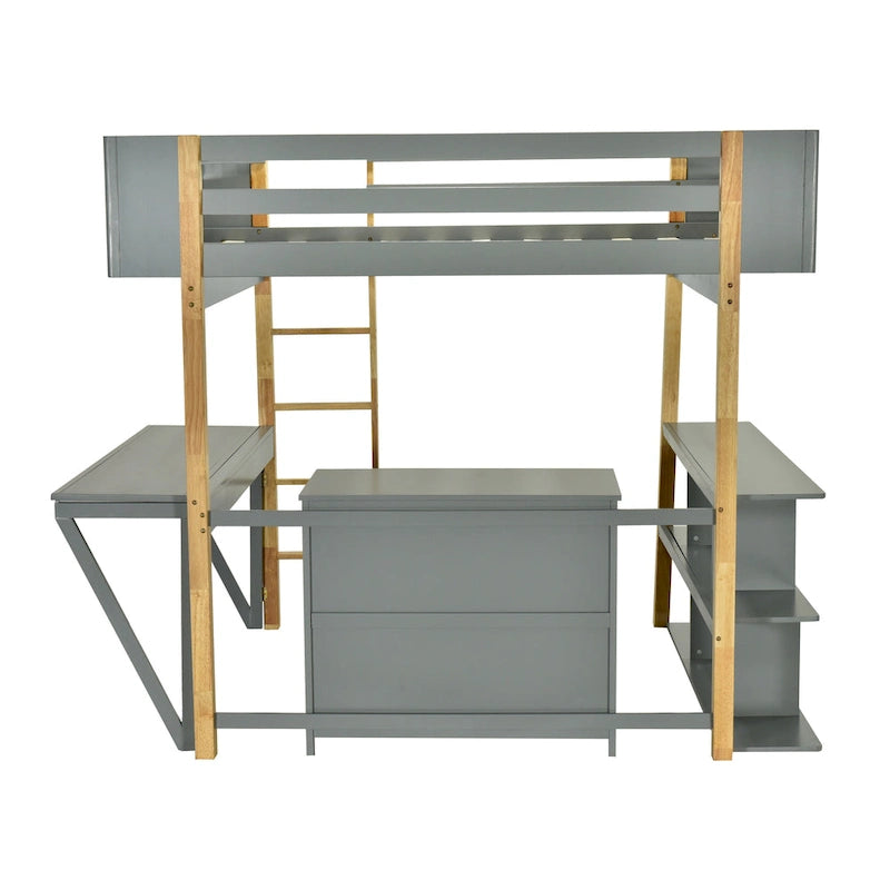 Twin Size Wood Loft Bed With Cabinet and Cubes