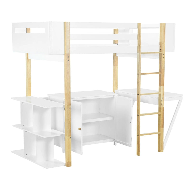 Twin Size Wood Loft Bed With Cabinet and Cubes
