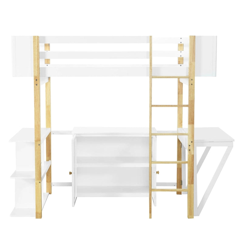 Twin Size Wood Loft Bed With Cabinet and Cubes