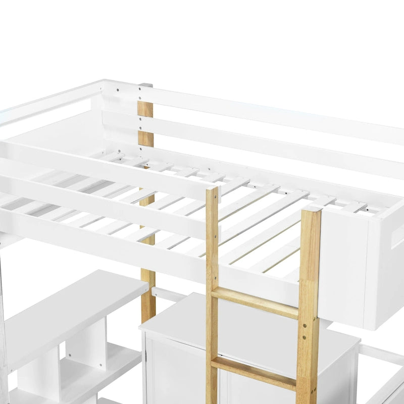 Twin Size Wood Loft Bed With Cabinet and Cubes