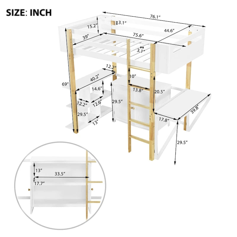 Twin Size Wood Loft Bed With Cabinet and Cubes