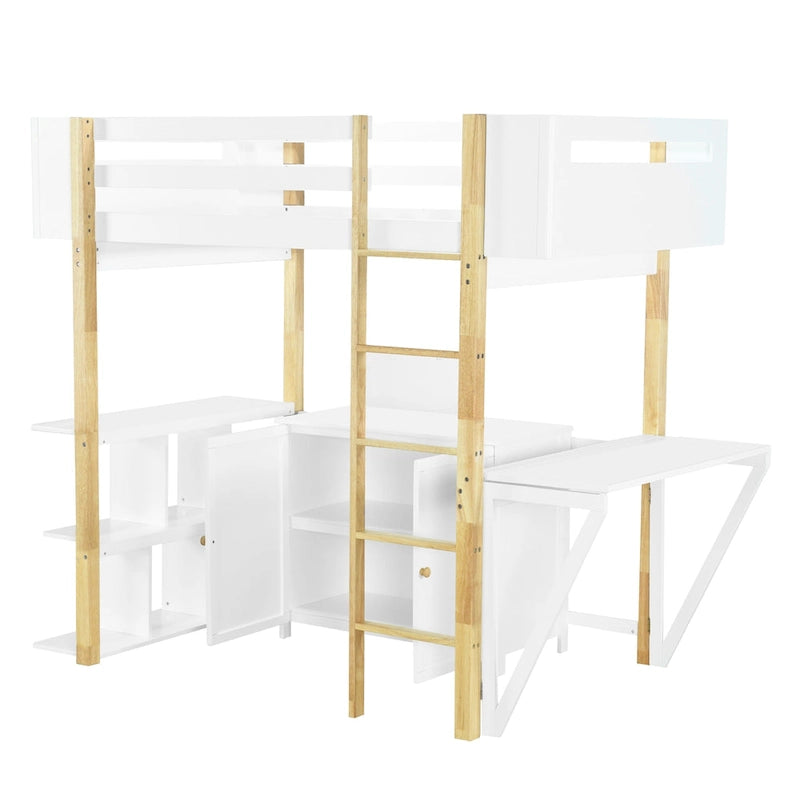 Twin Size Wood Loft Bed With Cabinet and Cubes