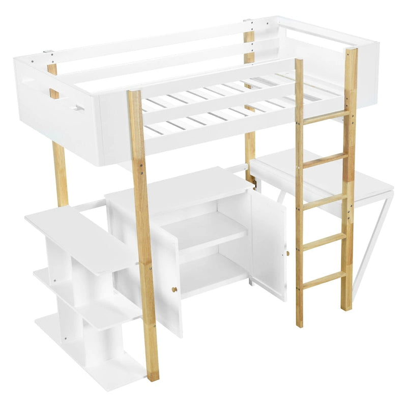 Twin Size Wood Loft Bed With Cabinet and Cubes