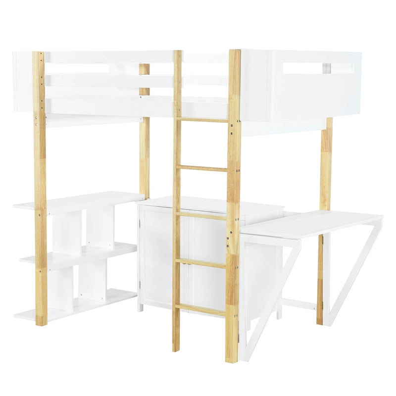 Twin Size Wood Loft Bed With Cabinet and Cubes