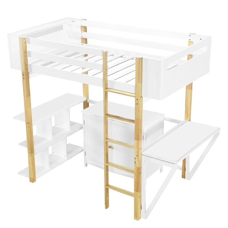 Twin Size Wood Loft Bed With Cabinet and Cubes