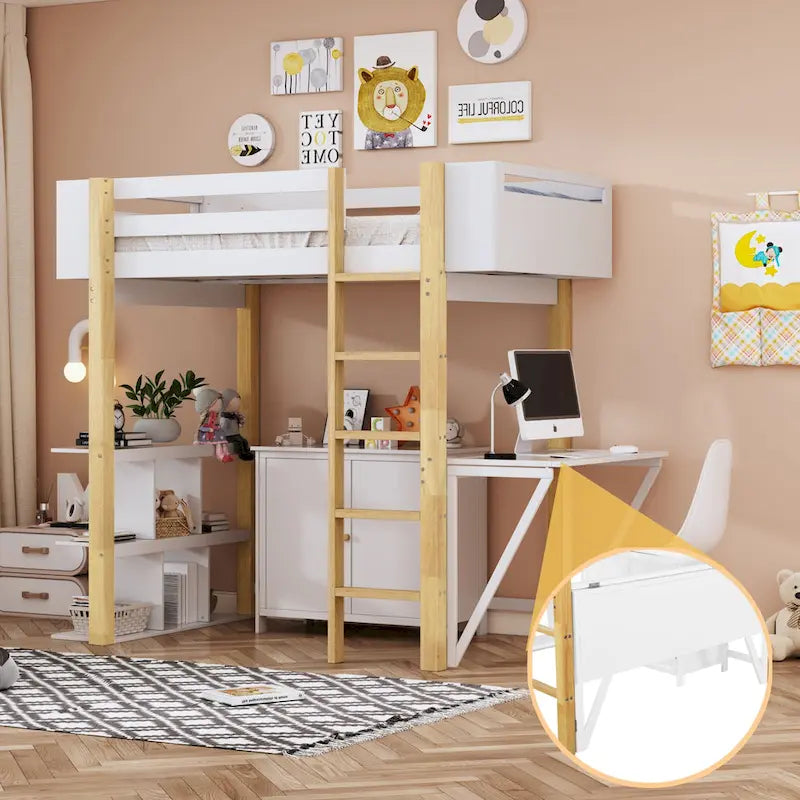 Twin Size Wood Loft Bed With Cabinet and Cubes