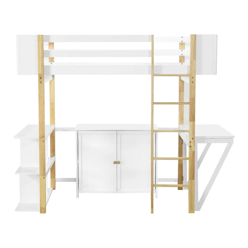 Twin Size Wood Loft Bed With Cabinet and Cubes