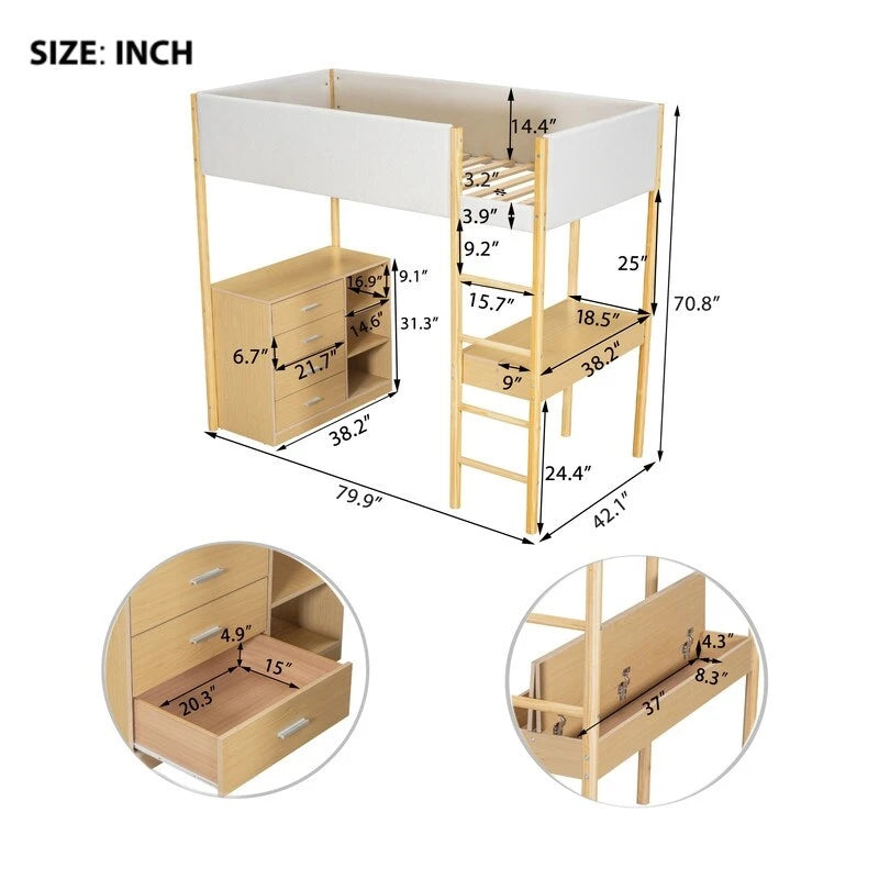 Cama alta de madera tamaño Twin con tejido de felpa Teddy