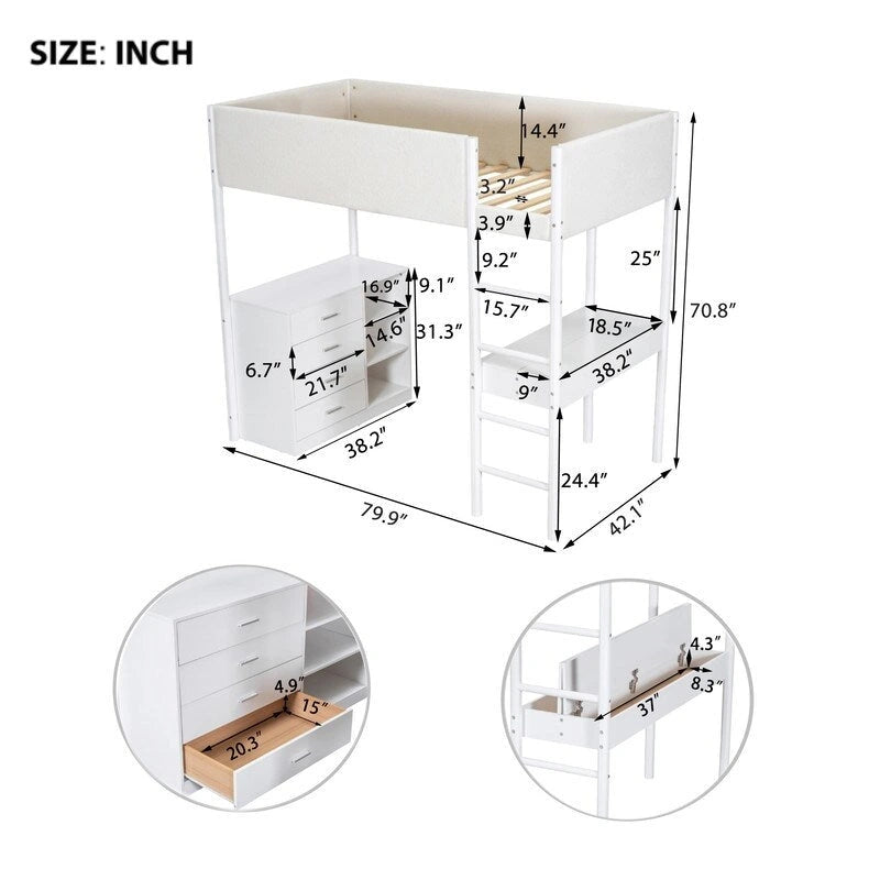 Cama alta de madera tamaño Twin con tejido de felpa Teddy