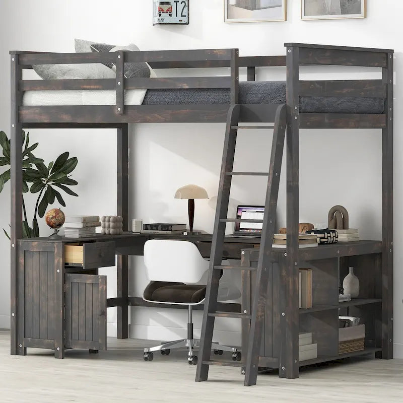 Full Size Loft Bed with U-shaped Desk, Drawers and Storage Shelves
