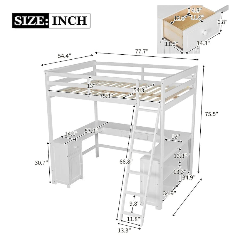 Full Size Loft Bed with U-shaped Desk, Drawers and Storage Shelves