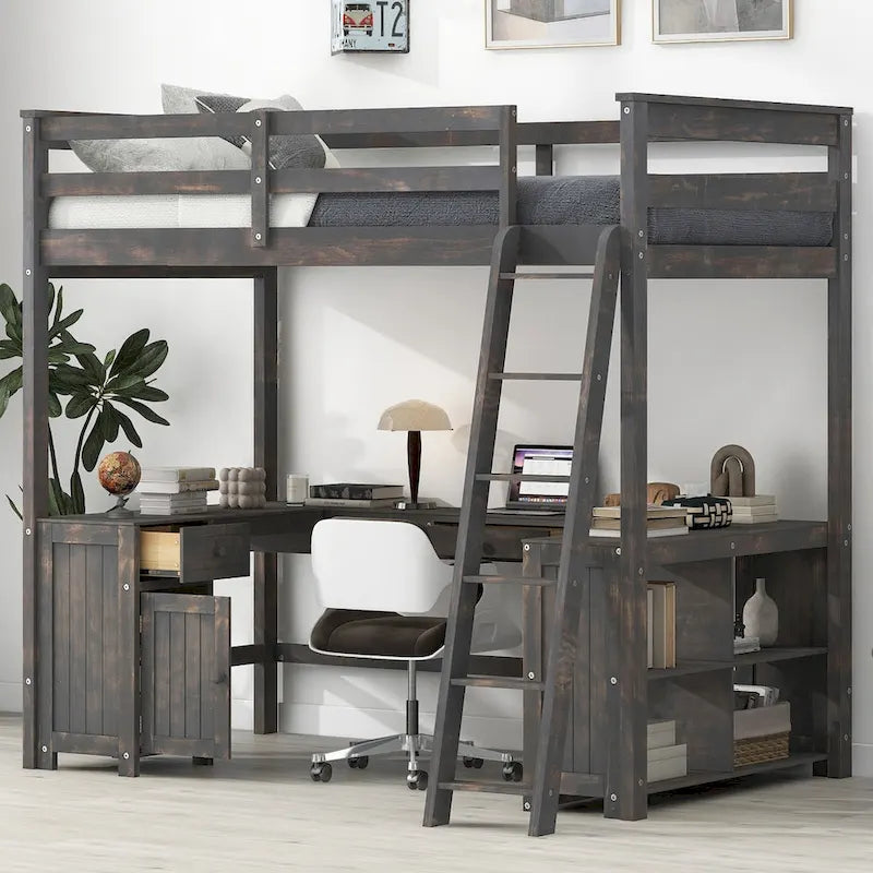 Full Size Loft Bed with U-shaped Desk, Drawers and Storage Shelves