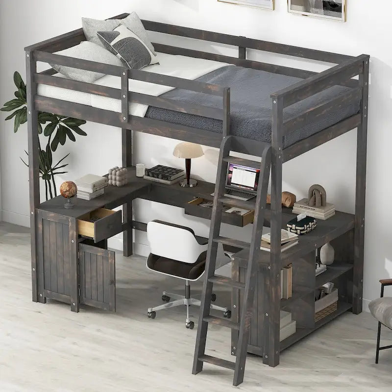 Full Size Loft Bed with U-shaped Desk, Drawers and Storage Shelves