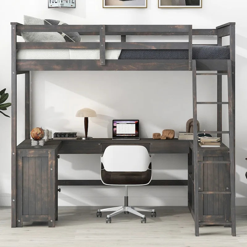 Full Size Loft Bed with U-shaped Desk, Drawers and Storage Shelves