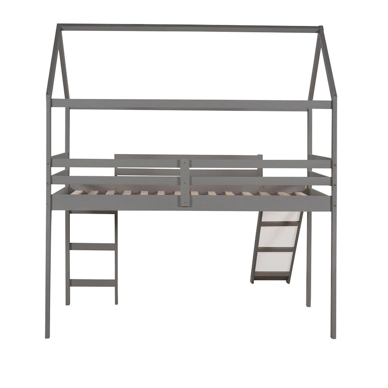 Twin Loft Bed with Slide, House Bed with Slide,Gray suitable for bedroom