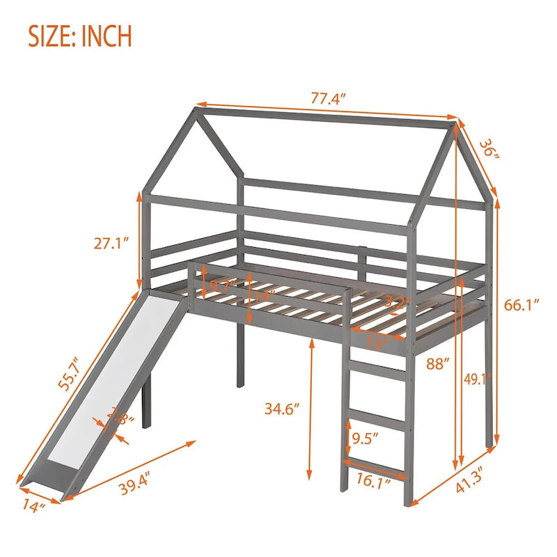 Cama alta individual con tobogán, cama tipo casita con tobogán, gris, adecuada para dormitorio