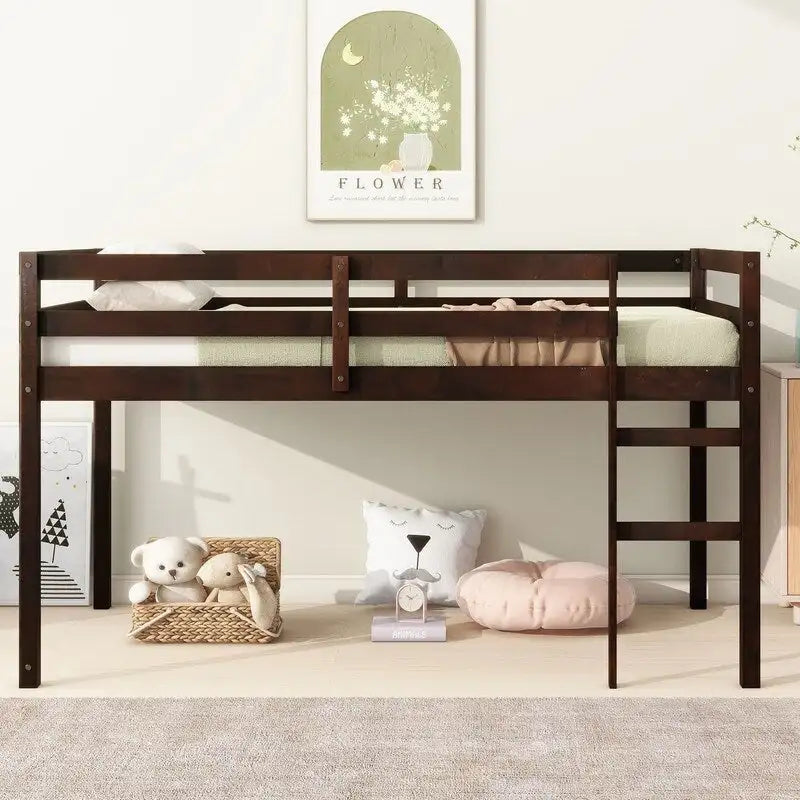 Solid Rubber Wooden Twin Loft Bed with Ladder and Strengthened Slats