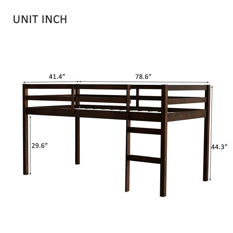 Solid Rubber Wooden Twin Loft Bed with Ladder and Strengthened Slats