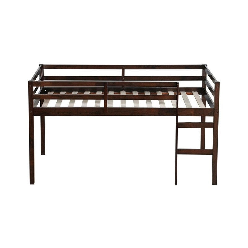 Solid Rubber Wooden Twin Loft Bed with Ladder and Strengthened Slats