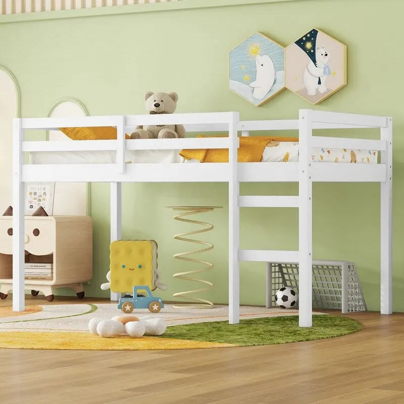 Solid Rubber Wooden Twin Loft Bed with Ladder and Strengthened Slats
